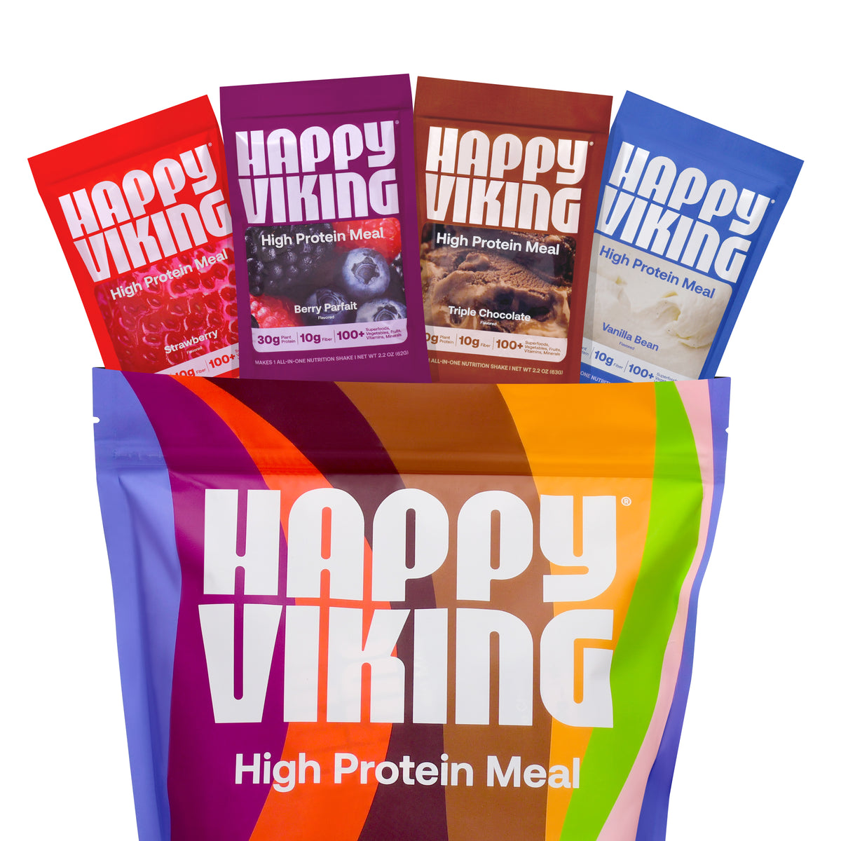 Happy Viking high protein meal packages in various flavors on a white background