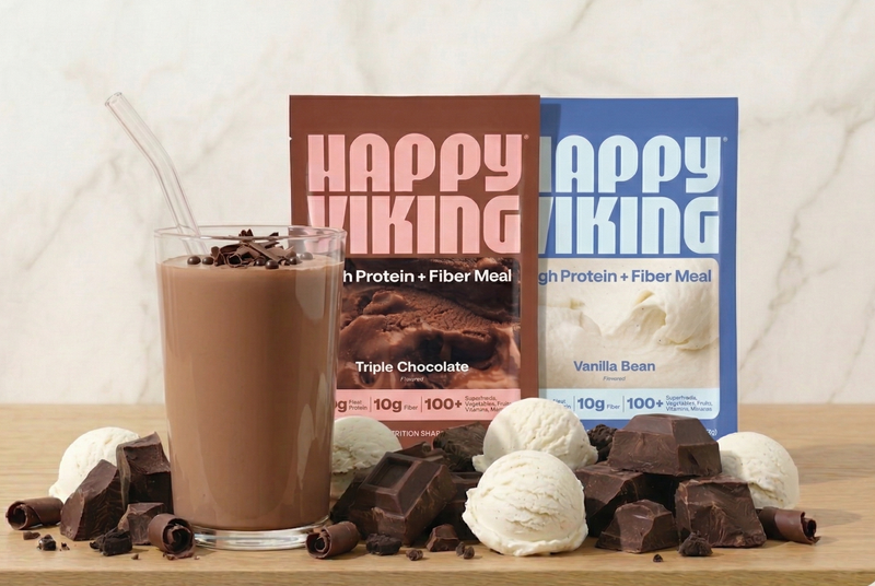 Happy Viking protein shake and packaging on a wooden surface
