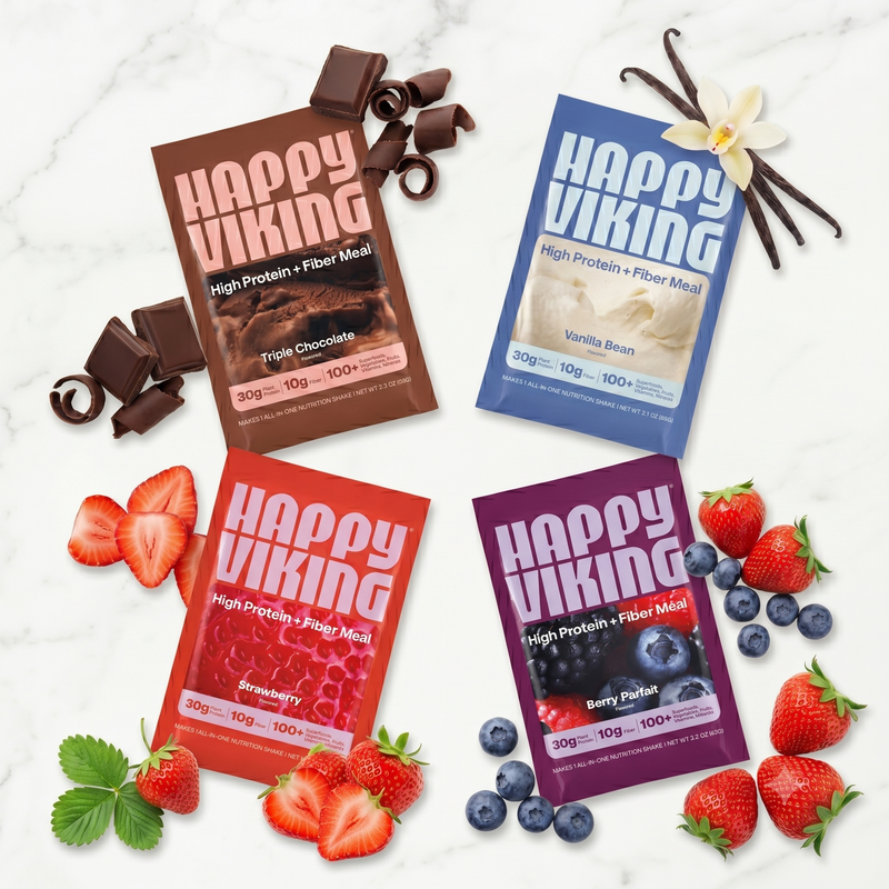 Four packages of Happy Viking high protein and fiber meals with various flavors and ingredients on a white background.